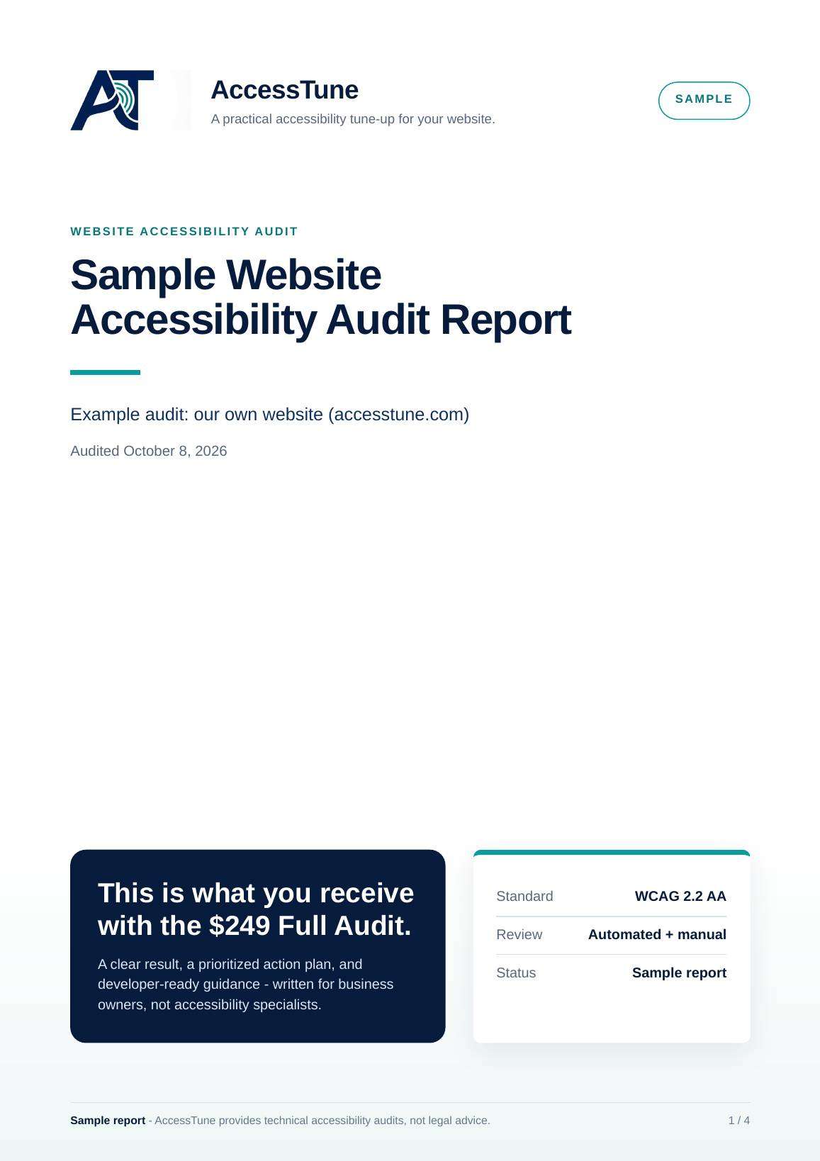 Cover of the AccessTune sample accessibility audit report